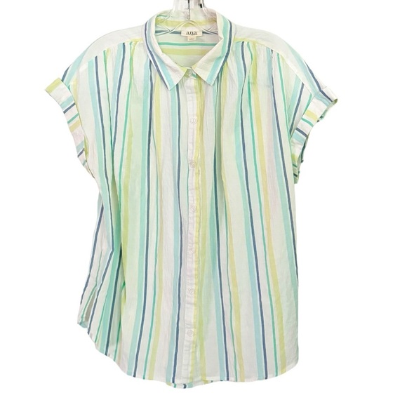a.n.a Size Large Blue/Yellow Button Down Striped Cotton/Spandex Oversized Shirt - Picture 1 of 3